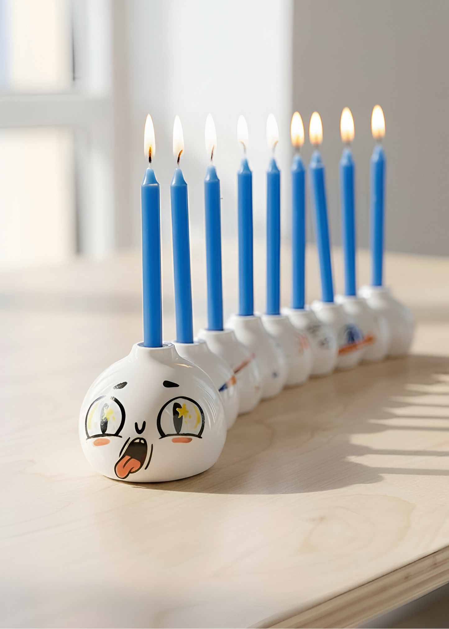 Decorative menorah with blue candles on a light surface